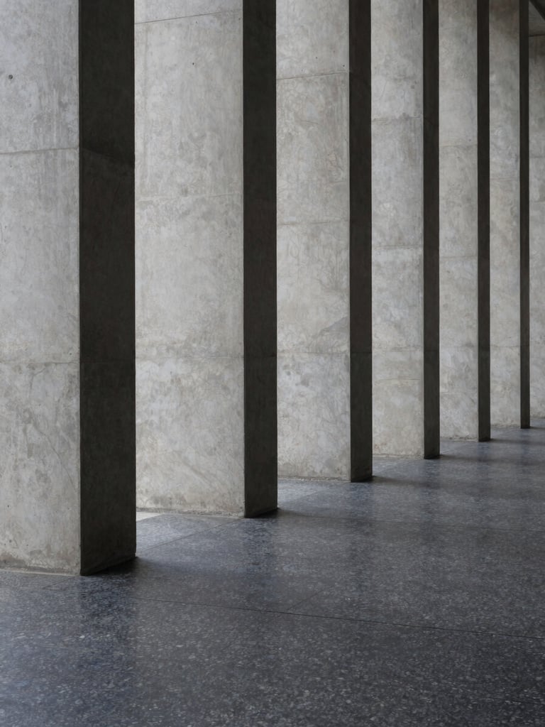 Minimalist architectural shot of tall, vertical concrete columns casting long, geometric shadows on a dark granite floor, soft overcast natural light, clinical precision.