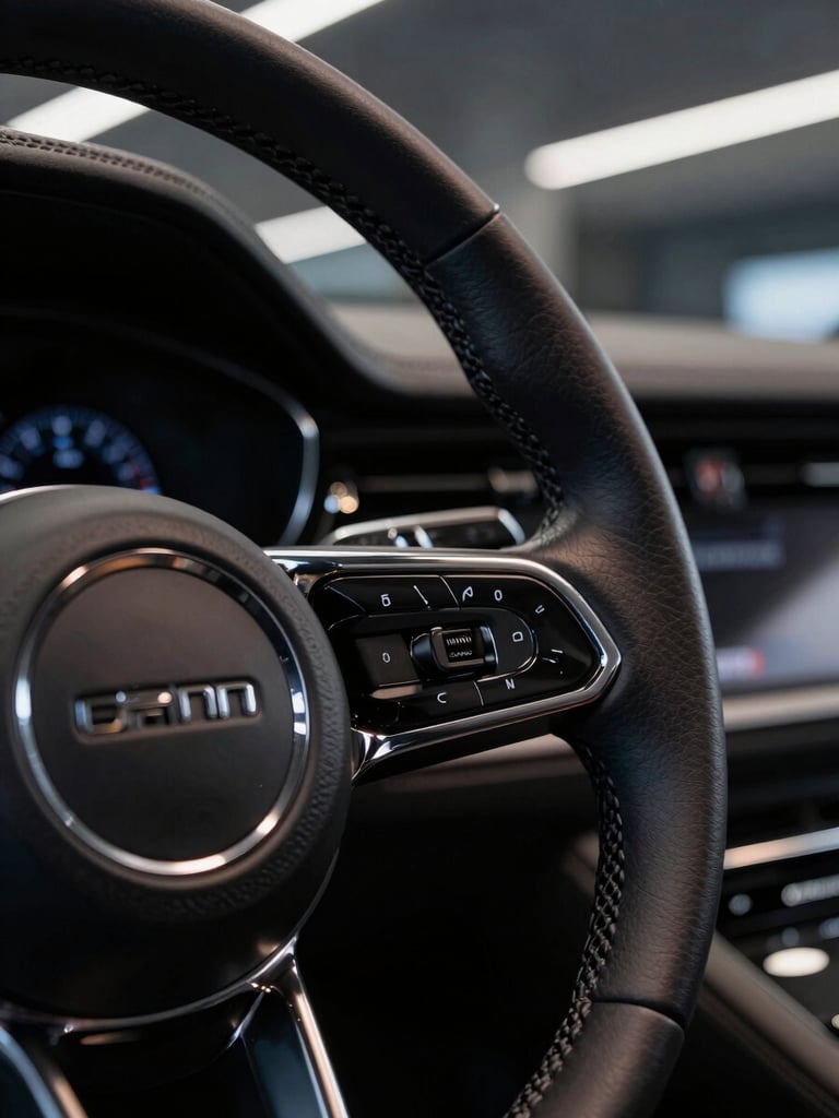 Close-up macro detail of a pristine leather steering wheel and polished dashboard of a luxury vehicle inside a sleek, modern showroom with low-key dramatic lighting.