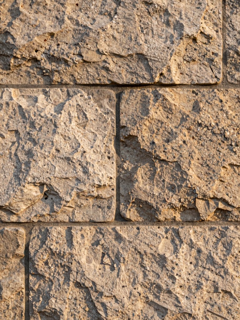 Close-up of a dressed stone wall section with a recessed mortar joint, raking afternoon light exposing surface texture and mineral grain, no people, architectural detail only