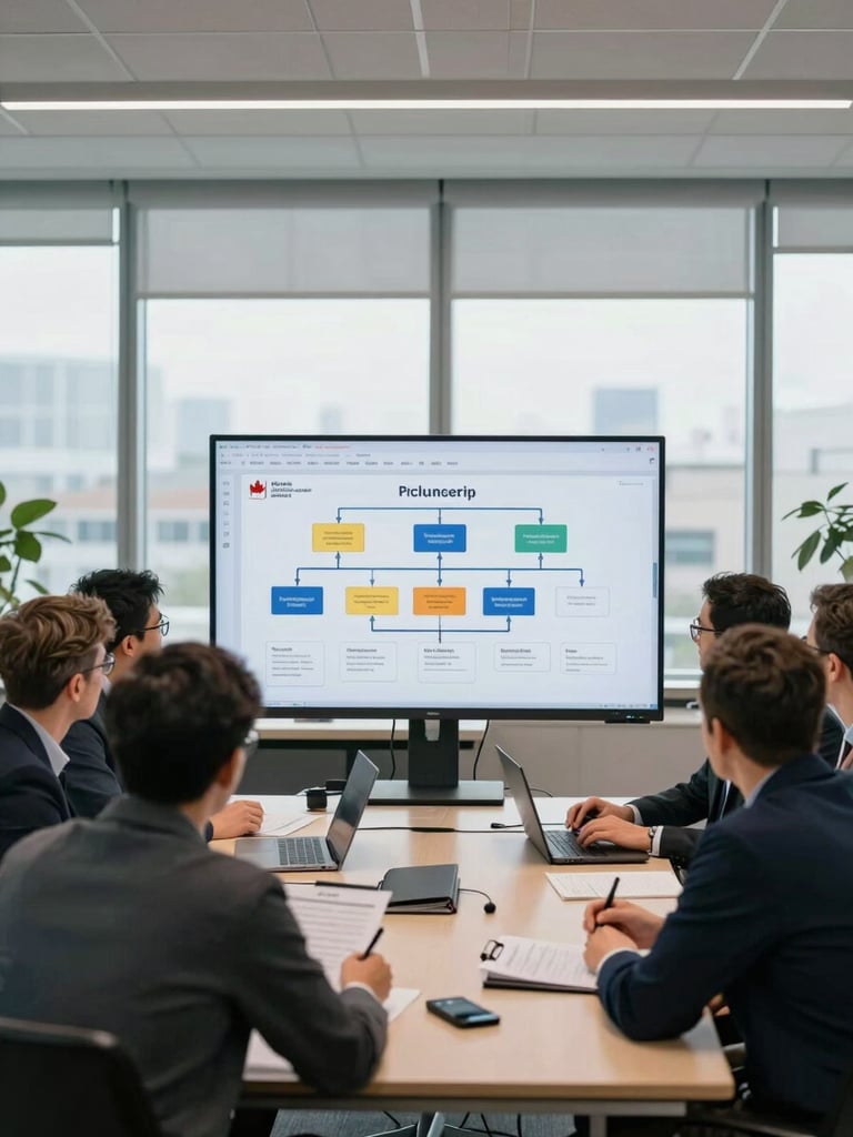 Wide environmental shot of a professional team gathered around a large monitor displaying a systems architecture diagram in a modern Canadian government-adjacent office, neutral daylight from wide windows, colleagues reviewing compliance documentation on the table, no one facing the camera