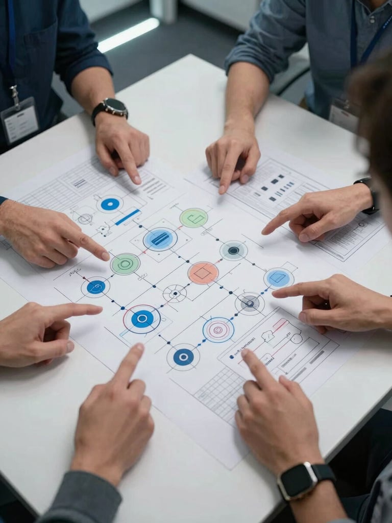 Close overhead view of a software architecture schematic spread across a large table, engineers' hands pointing at labeled system diagrams under cool fluorescent office lighting, secure facility environment