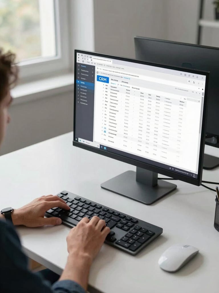 Wide shot from slightly above of a person viewed from the side at a clean desk, reviewing a CRM pipeline on a large monitor, hands resting on keyboard, daylight from a north-facing window casting clean even light across the workspace, no face visible
