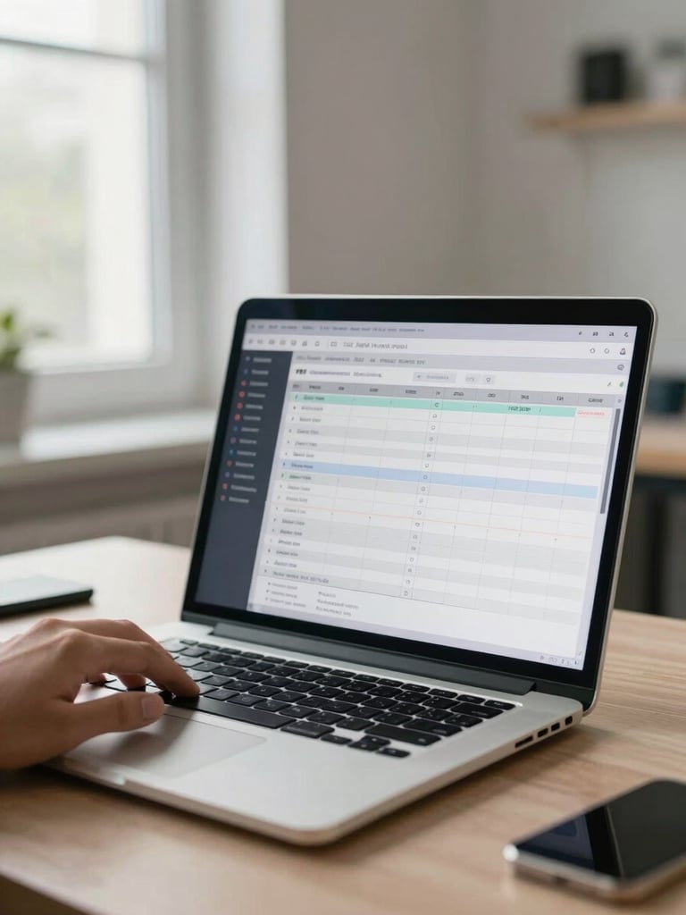 Wide-angle view of a clean agency workspace, a laptop screen showing a CRM funnel pipeline with stage columns visible, a hand resting on the keyboard, natural daylight from a window to the left, minimal desk, shallow depth of field on the screen