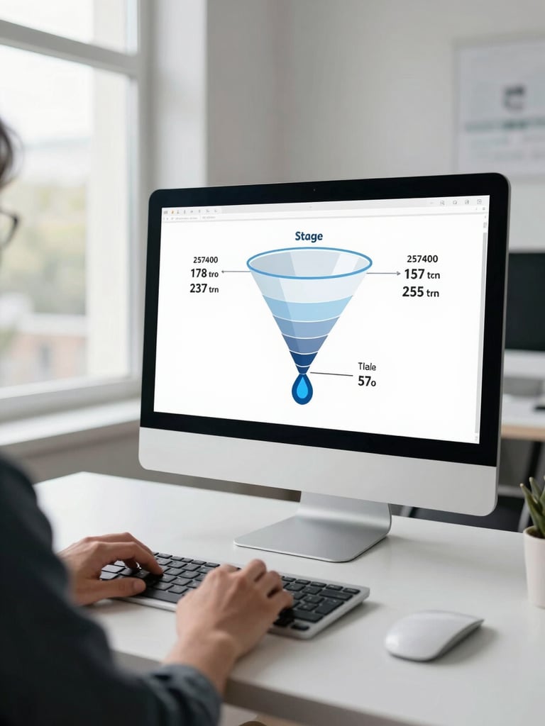 Wide shot of a person's hands scrolling through a funnel stage diagram on a desktop monitor, annotated with lead counts and drop-off rates at each stage, clean white workspace, bright daylight from a large window to the left