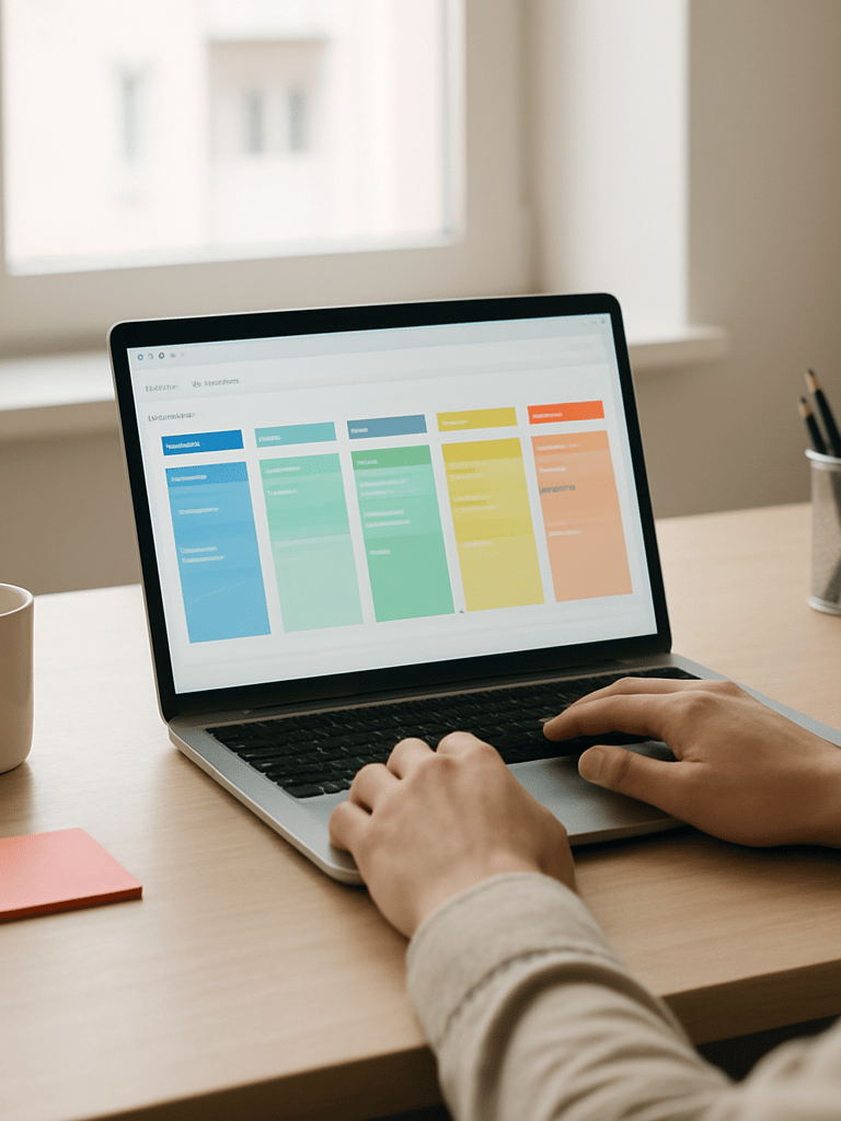 Wide shot of a clean desk workspace, a laptop screen showing a CRM pipeline with color-coded deal stages, hands resting on keyboard, bright daylight from a north-facing window, minimal clutter, soft coral accent visible on a sticky note in the lower left corner