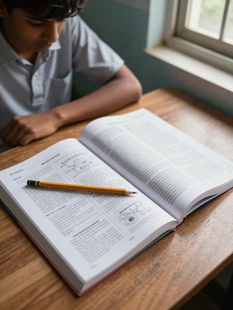 Close overhead shot of a student's open NCERT textbook on a wooden desk, pencil resting on a printed page of diagrams and text, natural window light from the right, Kerala classroom environment, documentary still