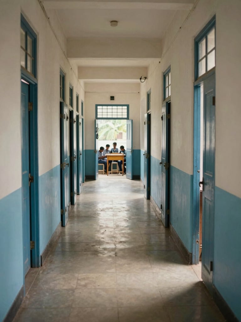 Wide environmental shot of a Kerala school corridor, classroom doors open, students visible at desks through doorways, natural daylight, institutional tile floors, documentary framing from hallway