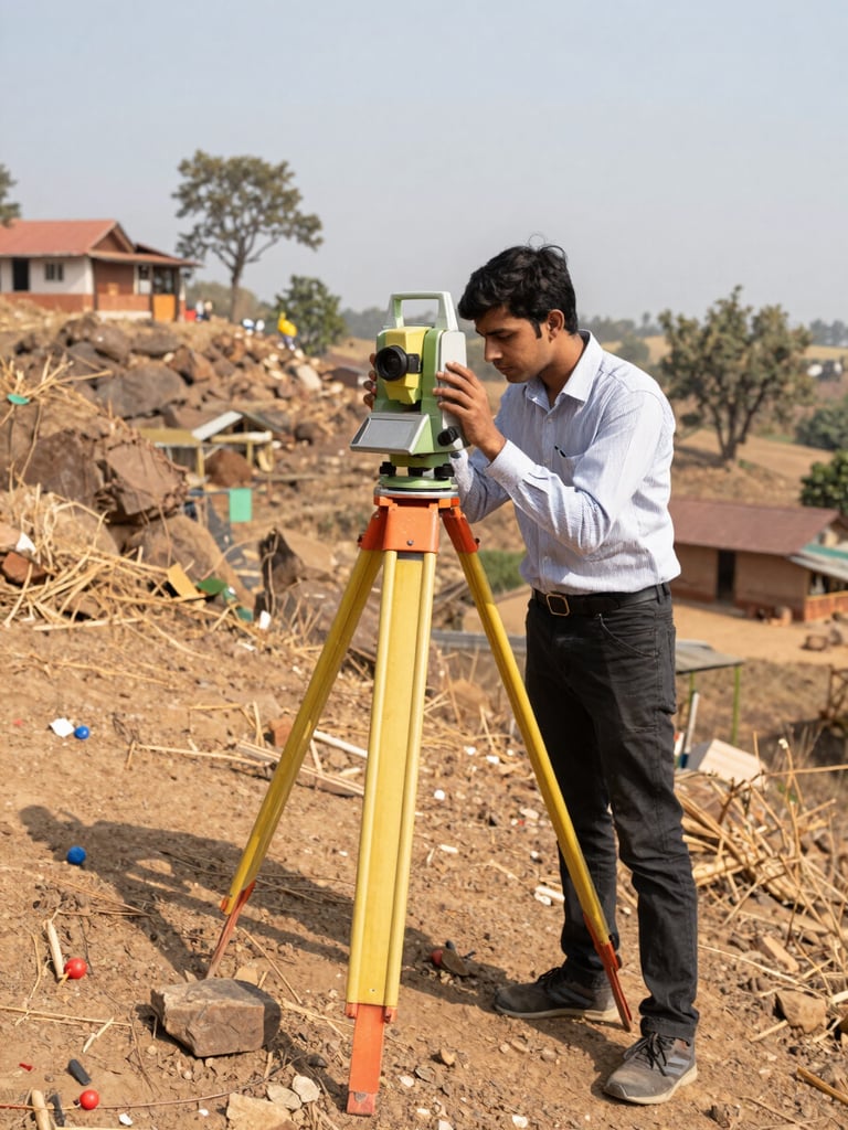 A VJTI engineering student in bright daylight, using a total station theodolite to conduct a topographical survey on a rugged hillside in a rural Indian village.