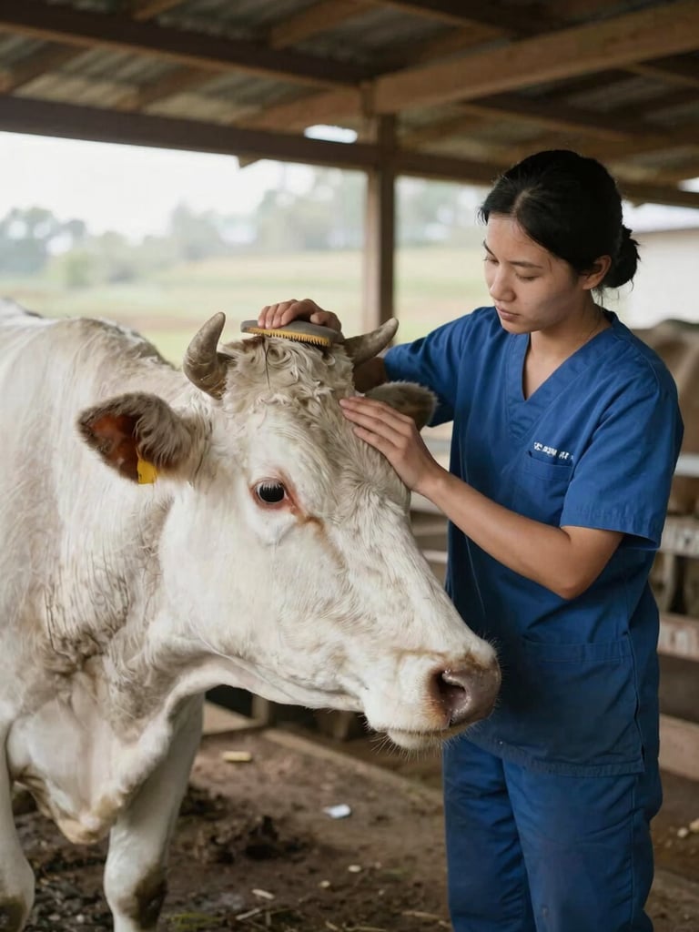 A dedicated caretaker gently brushing a healthy, clean white cow in an open-air wooden shelter, soft morning light.