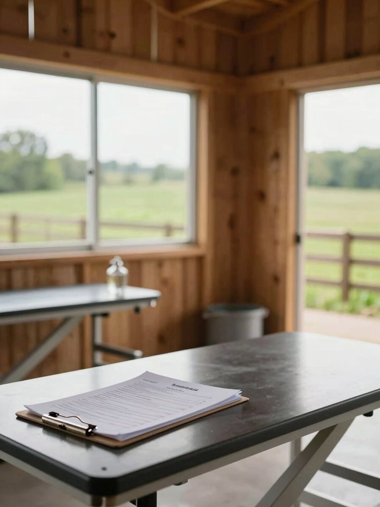 A clean, modern veterinary examination area inside a wooden barn, with medical charts visible on a clipboard and green pastures outside.