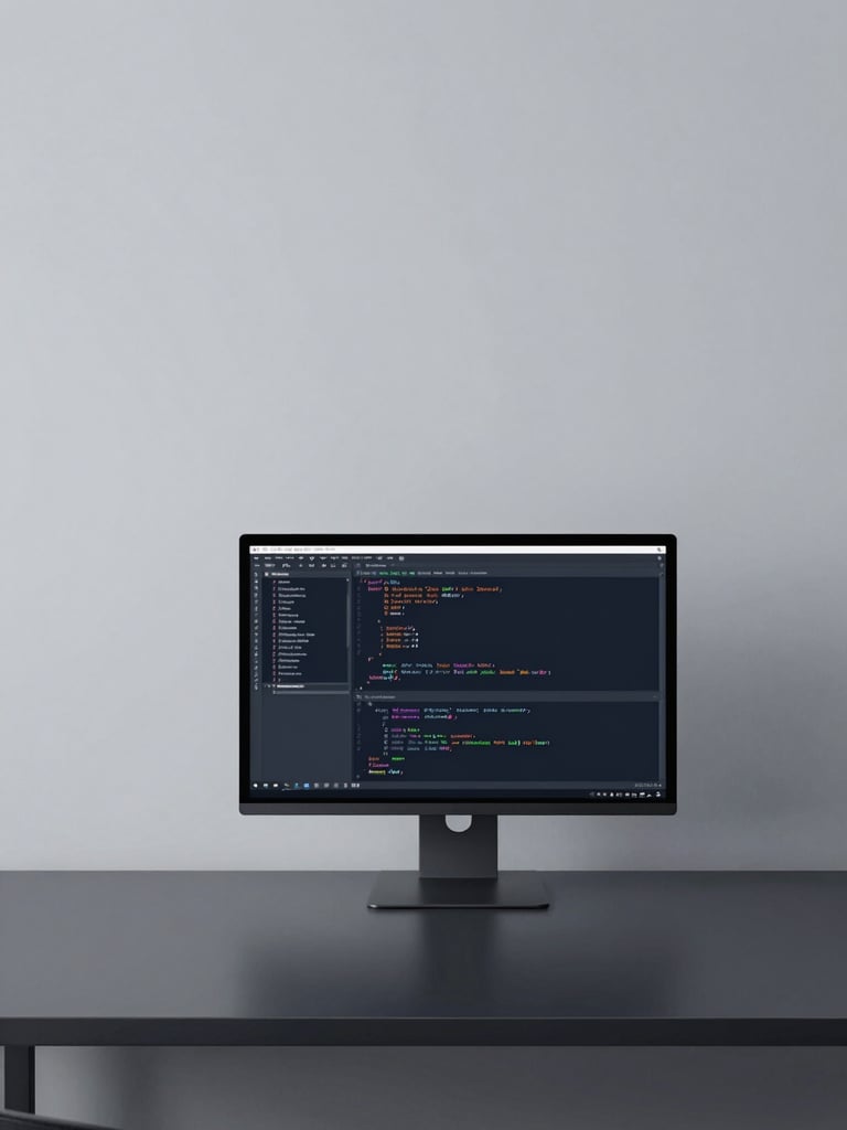 Minimalist workspace with clean lines, a single monitor displaying structured code, cool crisp lighting, deep charcoal tones, 35mm