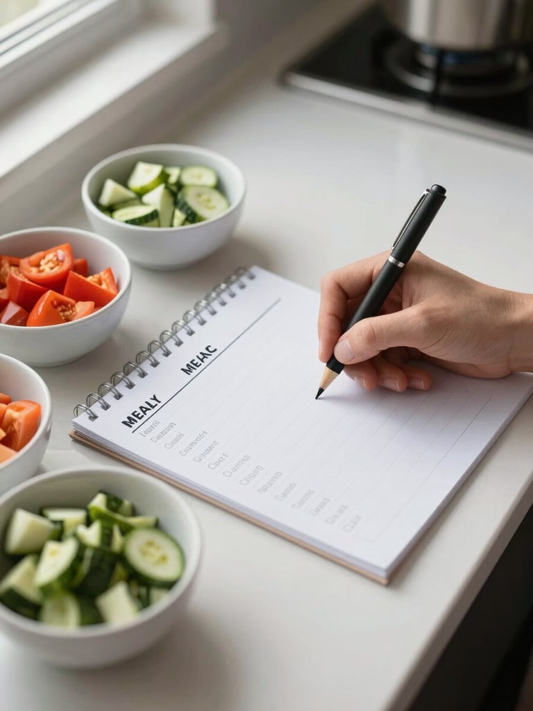 Overhead close-up of a kitchen prep surface, a hand writing on a weekly meal planner sheet beside organized small bowls of chopped vegetables, soft morning window light from the left, clean white counter