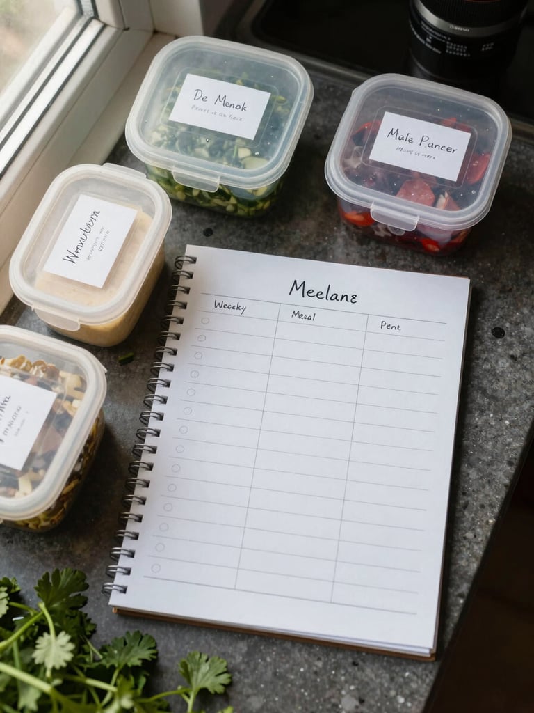 Overhead flat-lay of a kitchen prep surface, soft daylight from a single window to the left, labeled containers and a handwritten weekly meal planner sheet arranged neatly, a few chopped herbs visible at the edge