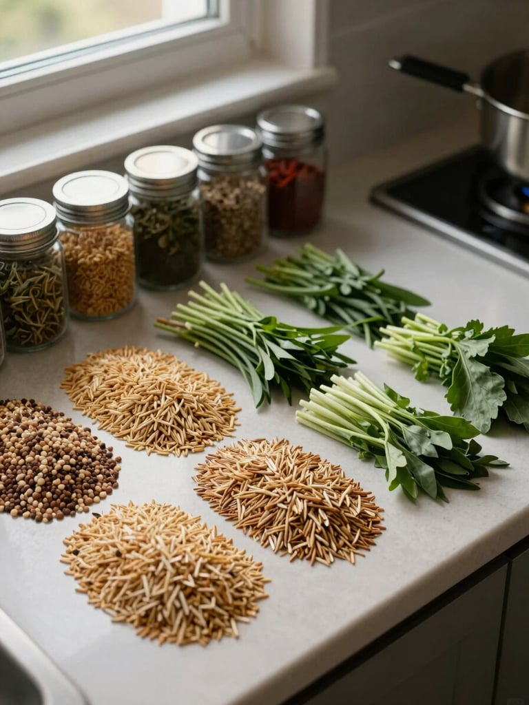 Close-up overhead of a kitchen counter with neatly sorted ingredient groups—grains, greens, and spice jars—arranged in rows under soft daylight from a single window, calm and organized, no people visible