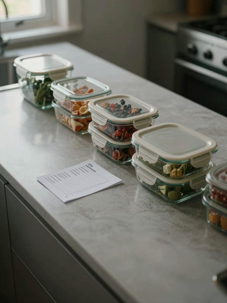 Wide shot of a calm kitchen counter from slightly above, labeled glass containers in a row, a folded grocery list beside them, diffused afternoon daylight, no people visible, organized and functional feel