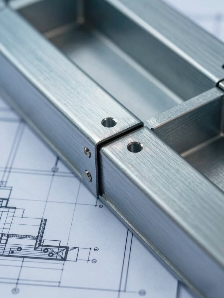 Close-up of a technical architect examining a stainless steel structure blueprint next to a finished satin steel joint, cold blue tones, sharp focus