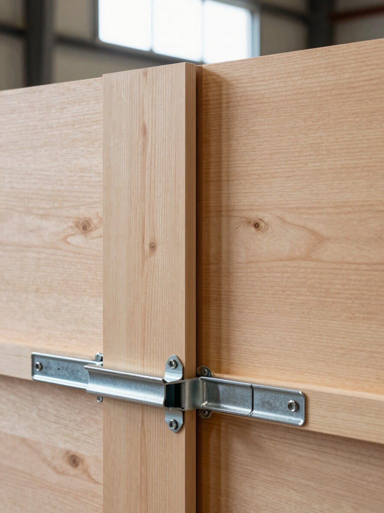 Close-up environmental shot of a custom timber exhibition stand mid-assembly in a fabrication workshop, visible wood grain on panels, steel clamps and aluminum connectors in foreground, natural light from a high side window, no people, sharp joint detail