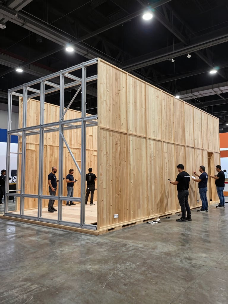 Wide environmental shot of a large custom exhibition stand mid-installation in a Brazilian trade show venue, aluminum octanorm framework visible on the left third, timber-paneled walls being fitted by crew on the right, industrial overhead venue lighting, concrete floor, no people facing camera
