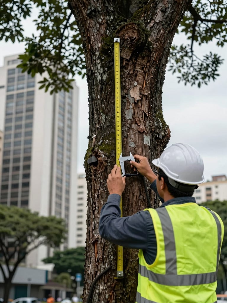 Close-up of a professional forestry engineer in a high-visibility vest measuring a massive urban tree trunk with a caliper in São Paulo, modern building facade blurred in the background, overcast daylight