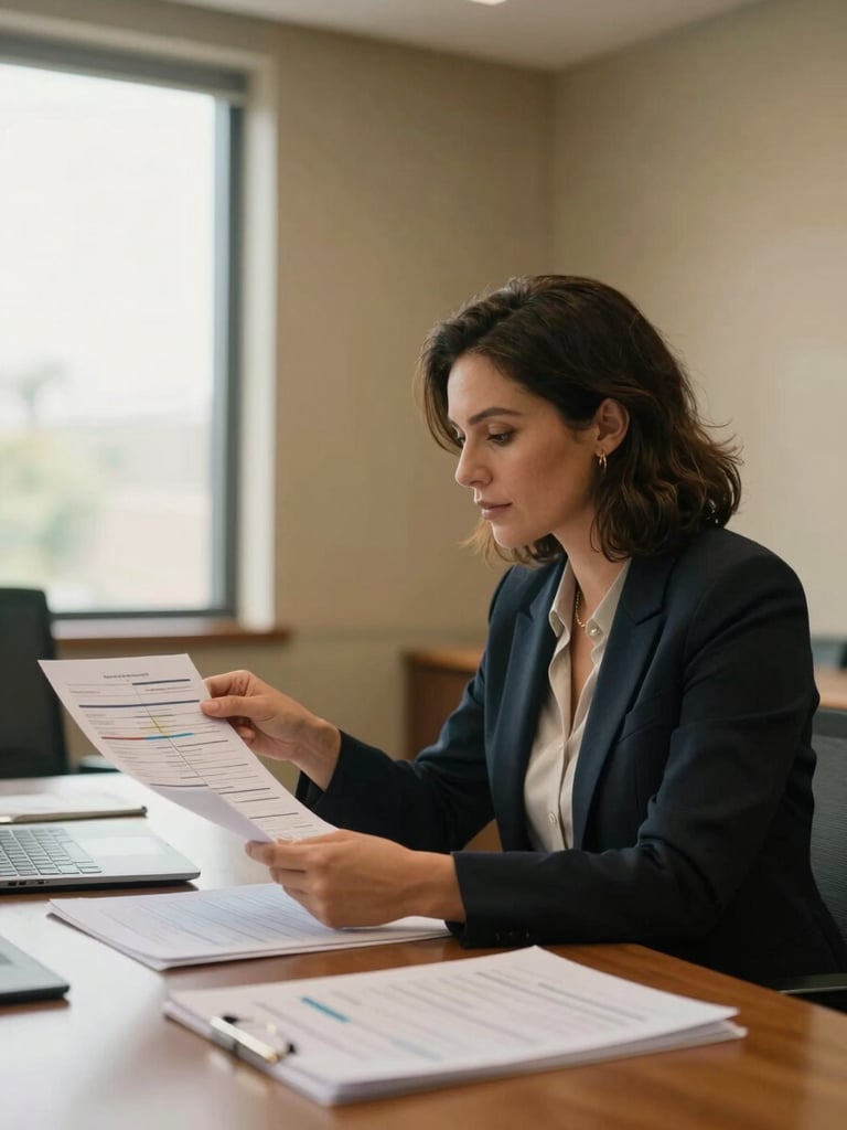 Environmental portrait of a professional woman in her mid-thirties reviewing a printed org chart at a conference table in a warm-toned meeting room, natural light from a wide window to her left, documents and a laptop visible on the table, shot from a slight angle showing her in context of active work, not posed