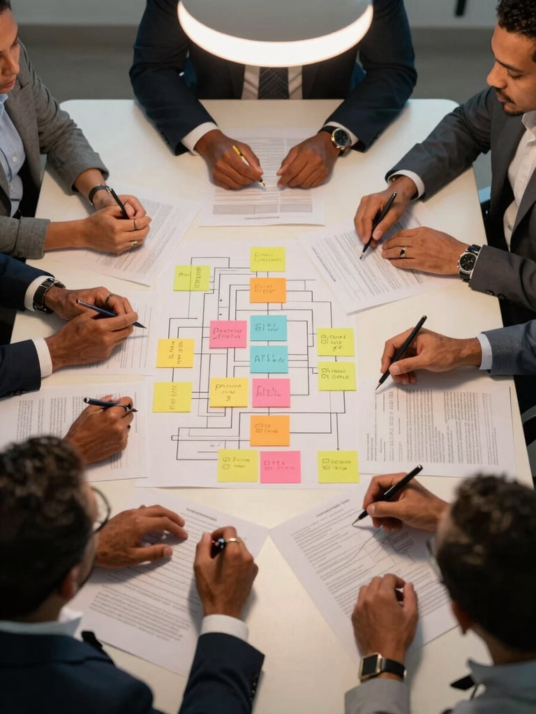 Wide-angle overhead view of a team planning session, Dominican professionals around a table with org chart printouts and colored sticky notes, warm tungsten light overhead, hands gesturing over the documents, mid-meeting energy