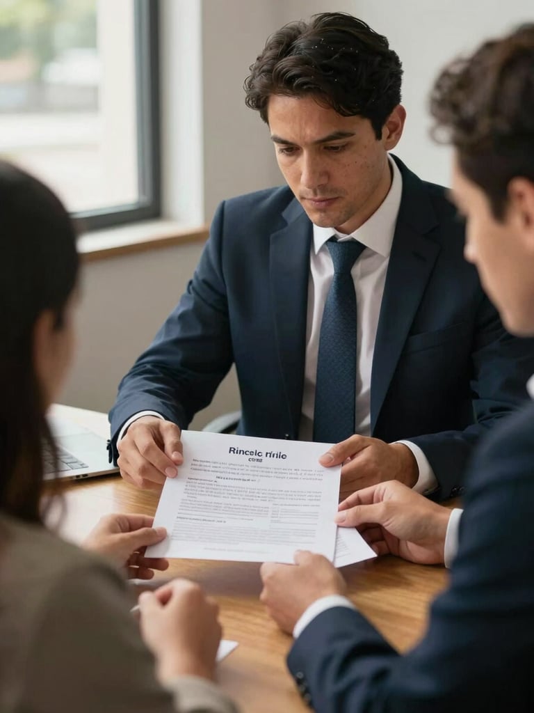 Close environmental shot of a hiring manager and candidate reviewing a printed role profile document at a conference table, natural daylight from a window to the left, warm indoor tones, hands visible on paper, Dominican office setting