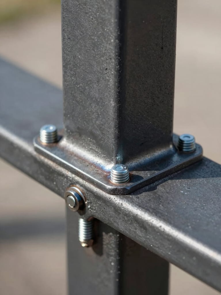 Close-up of a steel pergola post base plate and anchor bolt assembly, precision welded, matte charcoal finish, natural daylight raking across the surface to reveal weld detail and material texture