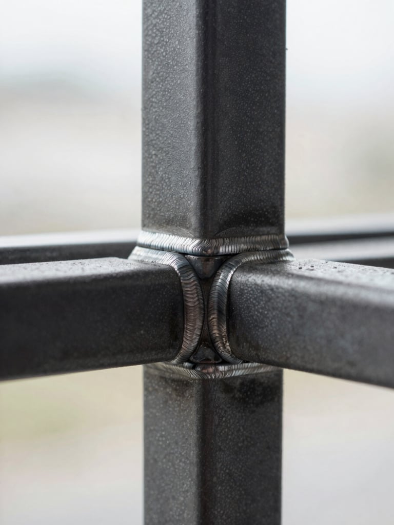 Extreme close-up of a custom steel window grill, tight frame on the welded intersection joints, bright overcast light revealing the surface texture and weld bead quality, sharp depth of field on the connection points, charcoal-gray steel finish