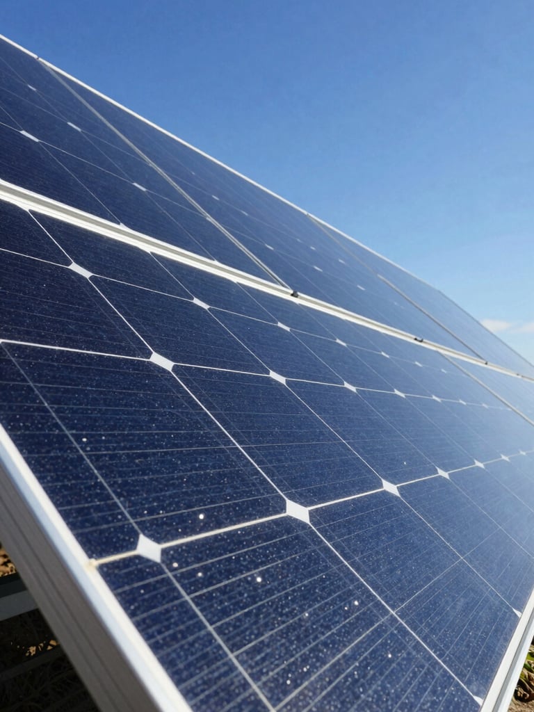 Sleek close-up of a monocrystalline solar panel reflecting a clear blue sky under bright direct sunlight, sharp geometric lines, premium architectural photography