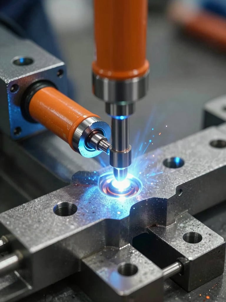 Isometric technical view of a heavy steel welding fixture with orange clamping cylinders, cold blue industrial lighting, sharp depth of field focusing on a precision locating pin.