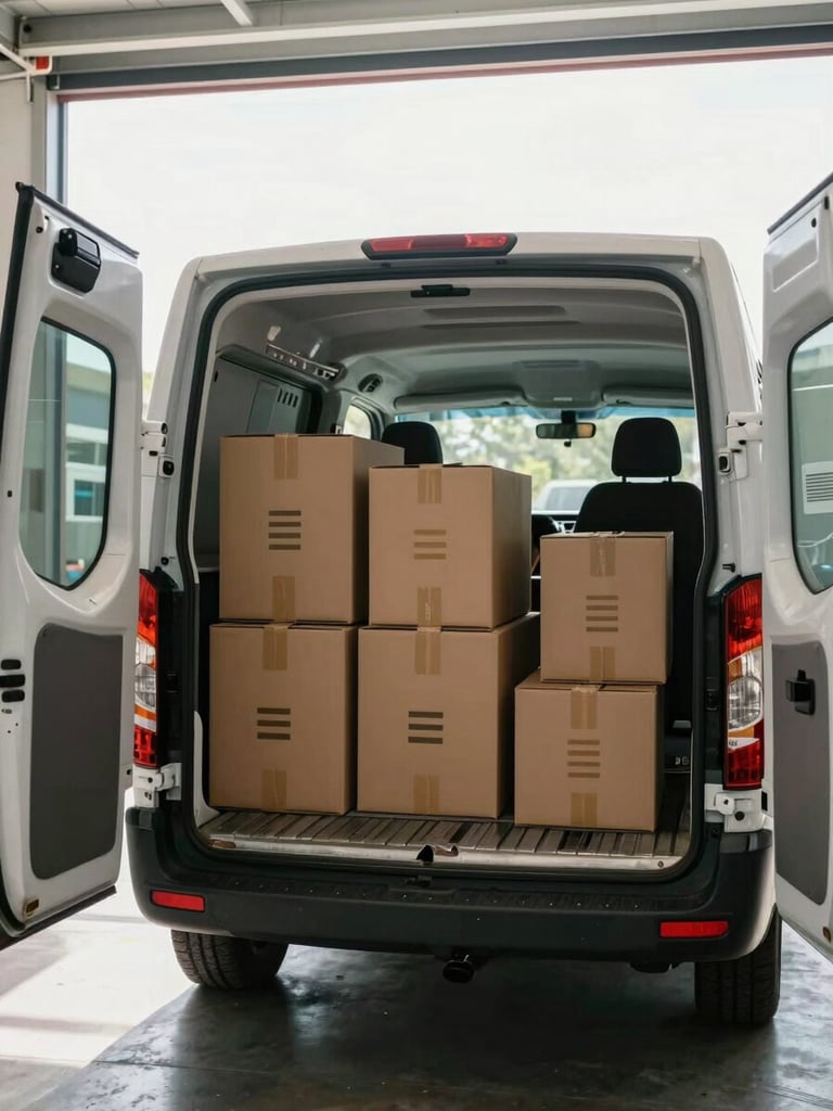 Overhead action shot of medical supply boxes being loaded into the back of a courier van in a clinic loading dock, natural daylight from open bay doors, hands visible mid-motion