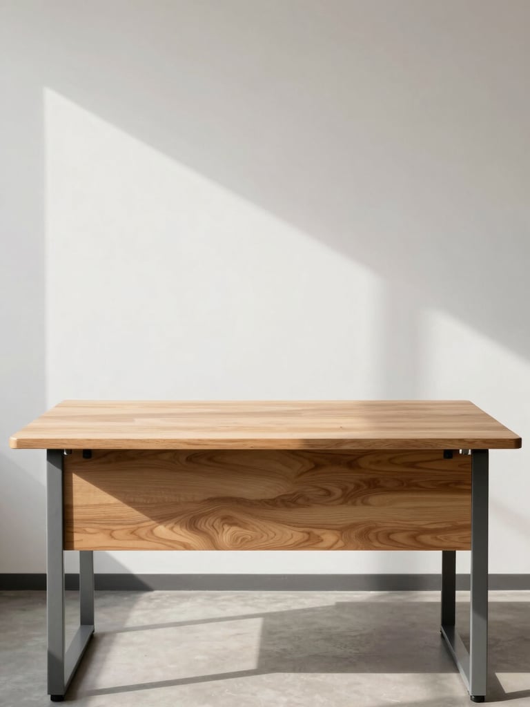 Straight-on studio shot of a clean wooden office desk against a neutral white wall, bright north-facing daylight, no shadows, full-frame product view showing surface texture and metal legs