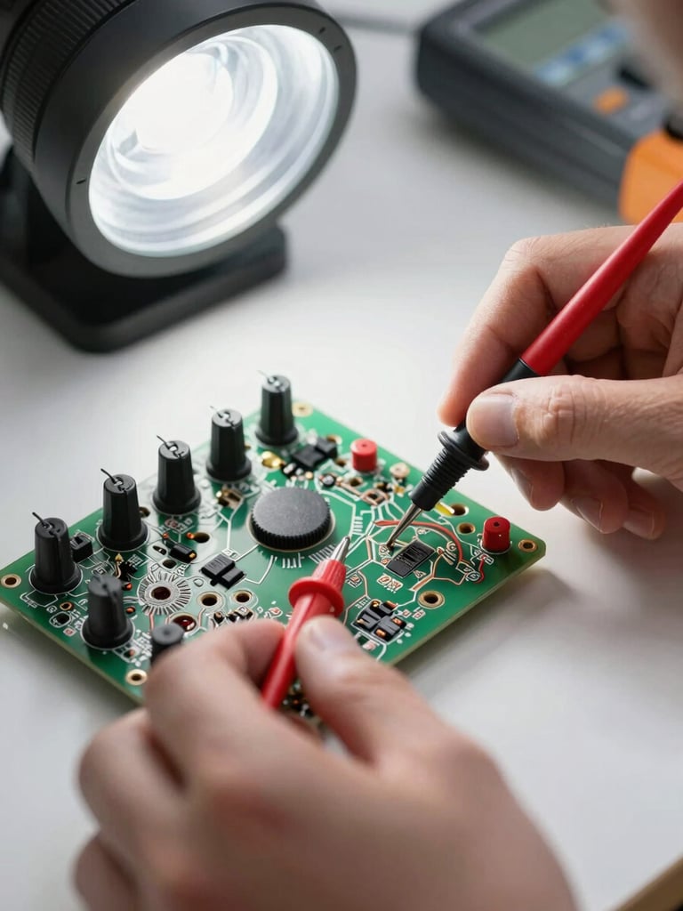 Macro shot of clean hands using a digital multimeter to test a high-end appliance circuit board, crisp white work light, shallow depth of field.