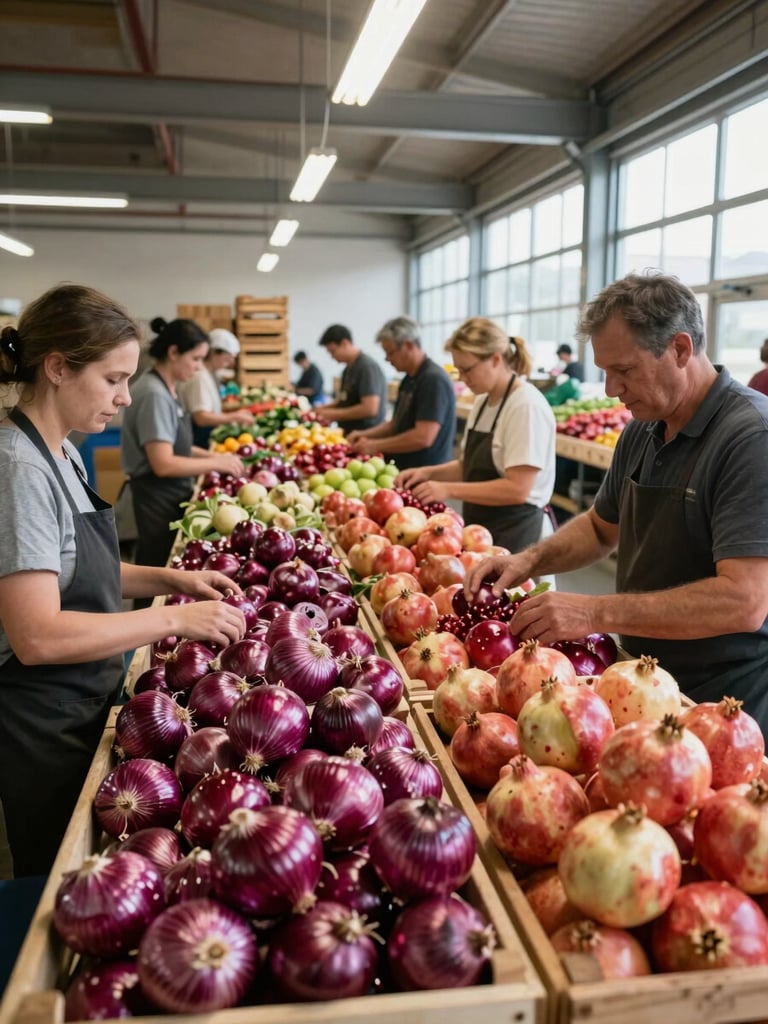 Wide interior shot of a busy produce pack-house sorting table, workers in context sorting and grading fresh red onions and pomegranates under bright industrial overhead lighting, wooden crates stacked in background, daylight streaming from high windows on the right side