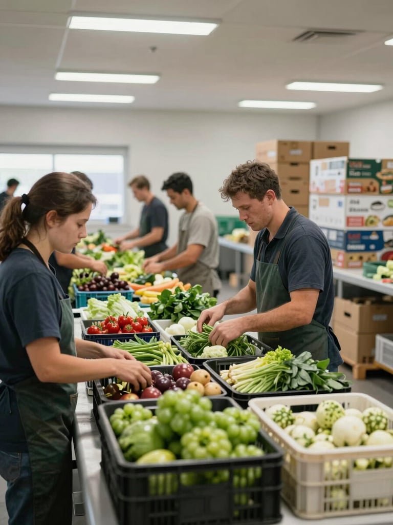 Wide shot of a pack-house sorting table interior in bright natural daylight, workers at work grading fresh produce in crates, stacked export cartons visible in background right, clean operational environment, no faces in foreground