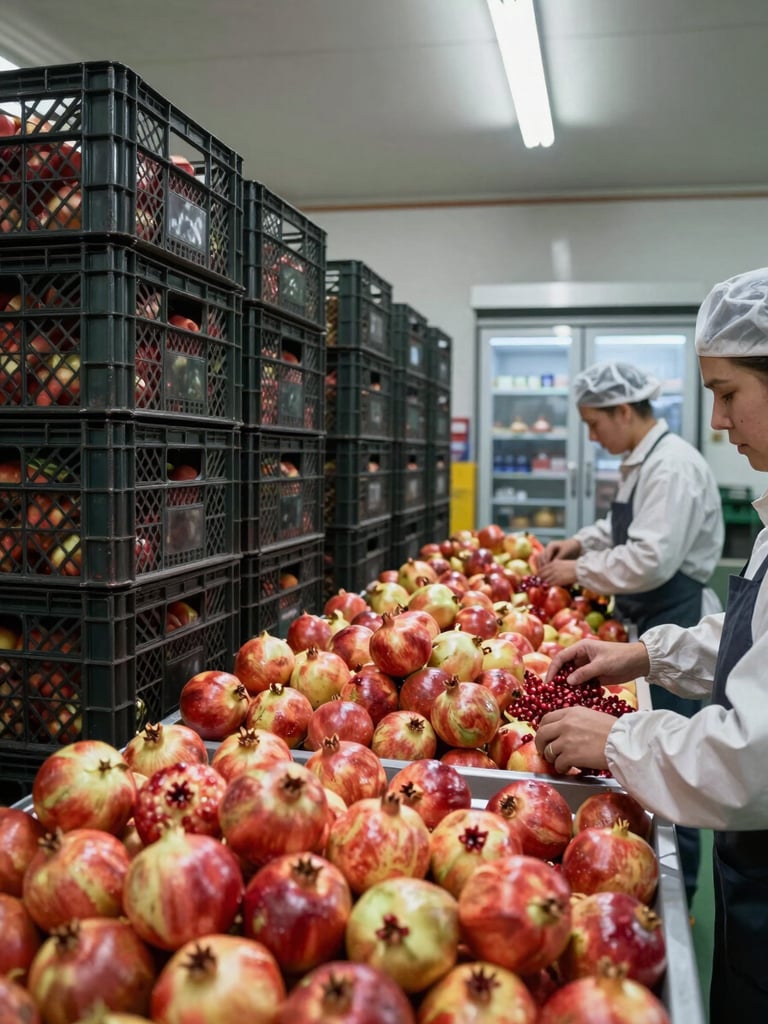 Wide interior of a working produce pack house under bright overhead lighting — sorting tables in the foreground carry rows of fresh pomegranates and onions being graded by hand, stacked mesh crates to the left, a cold-storage door visible in the background right third, no posed staff, operational context only