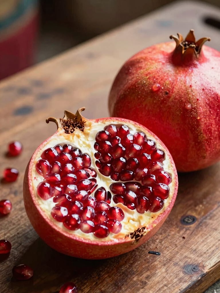 Medium close-up of a freshly harvested pomegranate halved on a wooden sorting surface in a Nashik pack house, interior seeds glistening ruby-red under bright natural daylight, a whole pomegranate resting beside it showing unblemished deep-crimson skin, true colour with no filters