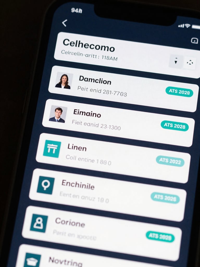 Close-up app screenshot of a dark-mode resume library panel — list of resume cards each showing document title, last-edited timestamp, ATS score badge in teal, and version number tag, deep navy background, high-key interface lighting, no humans, tight crop on the file list UI filling the frame edge to edge