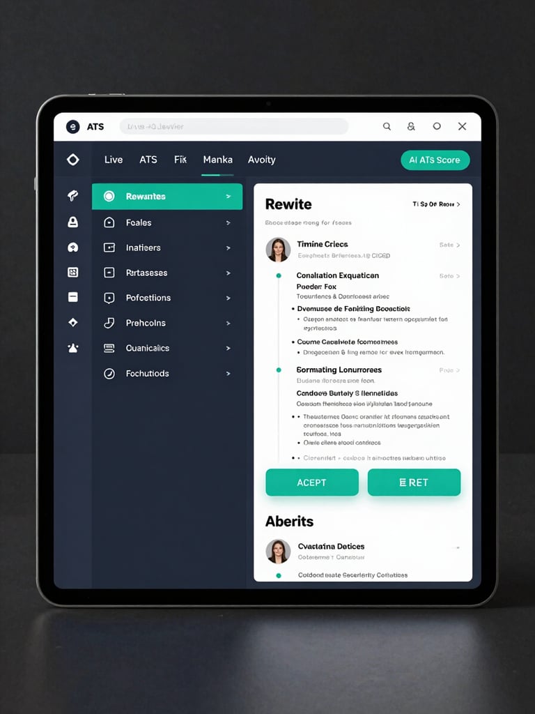 Full-height product screenshot of the resume editor interface showing an open AI workflow panel on the right side — section rewrite suggestions with accept and reject controls, live ATS score ticker in the top bar, dark navy and teal UI, clean app screenshot lighting, portrait orientation