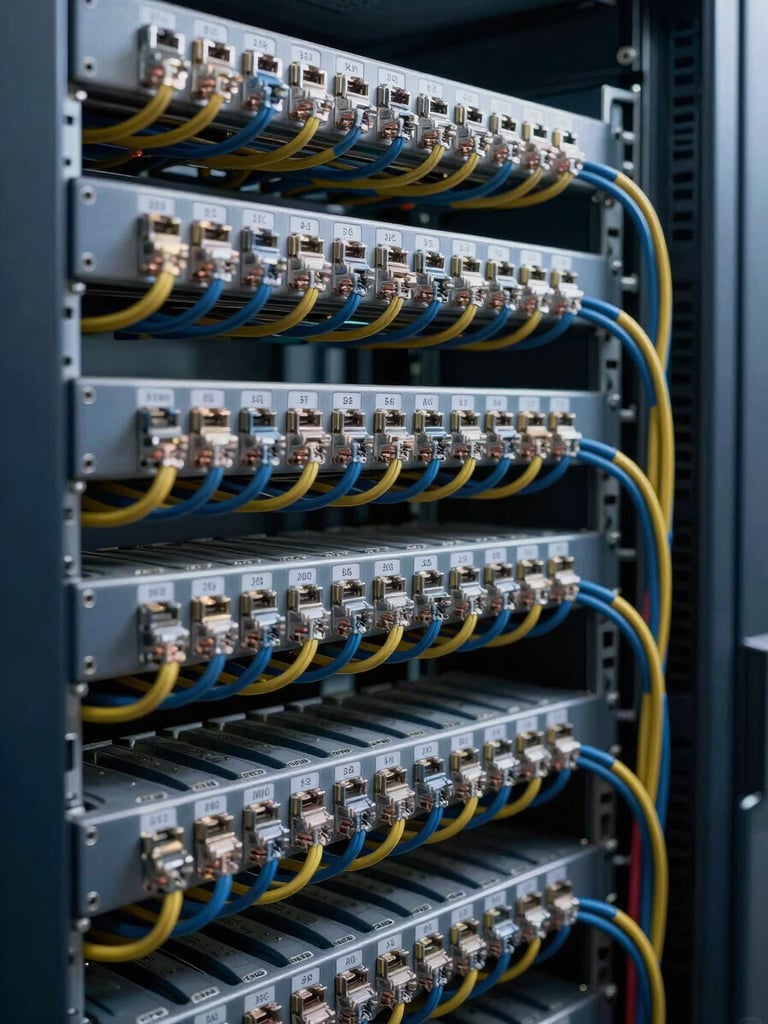 Close-up right-side bleed of an immaculately organized cable tray inside a data center, horizontal rows of color-coded ethernet cables bundled and labeled, lit by studio strobes revealing sharp material detail and crisp shadows, deep navy rack frame in background, no people