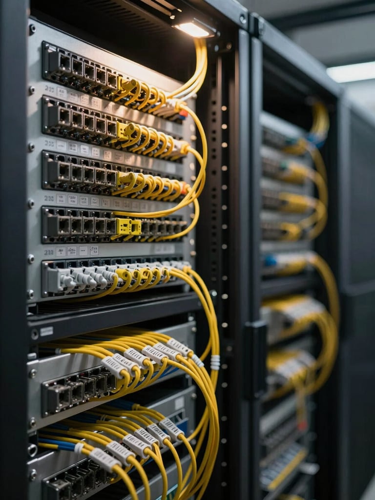 Close-up wide panoramic shot of an organized server rack interior — labeled fiber patch panel in sharp focus left of frame, structured cable bundles routed through D-rings receding to the right, lit with a single studio strobe above that reveals cable labels, connector types, and installation craft; no ambient LED glow, no people, no decorative bokeh.