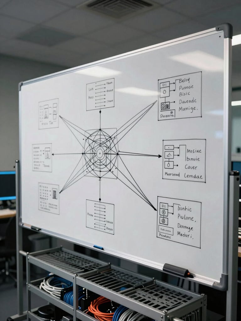 Wide environmental shot of a network operations room, overhead angle on a whiteboard covered in hand-annotated network topology diagrams, cable tray visible below, studio strobe lighting casting sharp shadows that reveal structure and depth — no people, no screens glowing, only the diagram and the infrastructure it maps