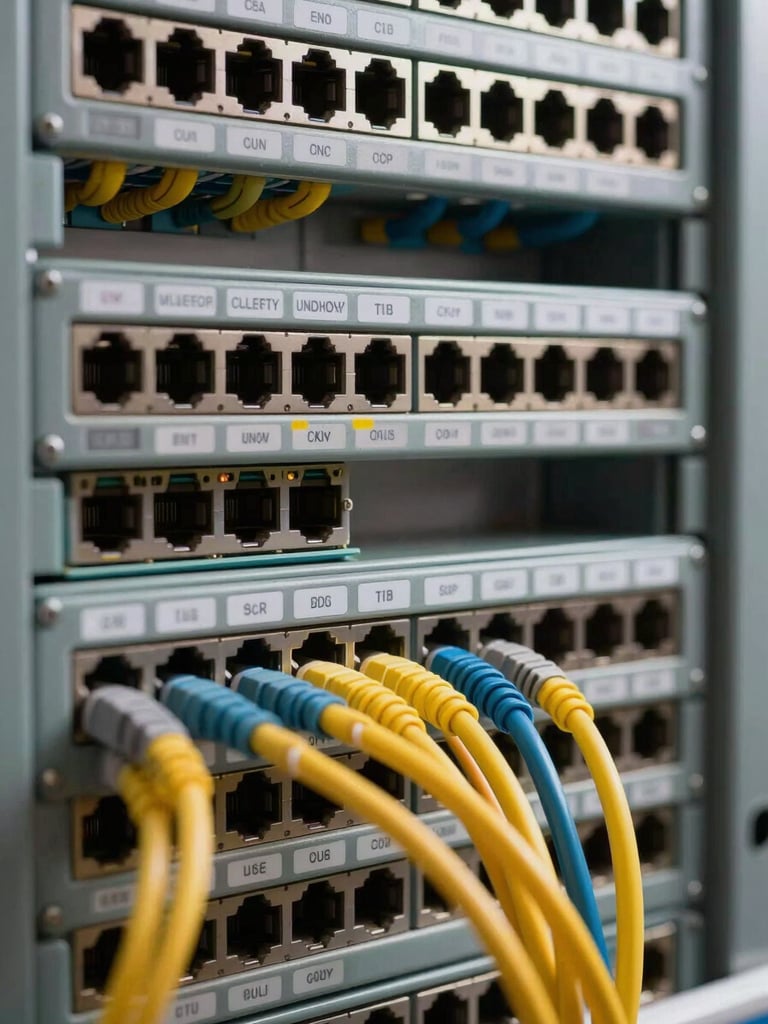 Close-up macro shot of a structured fiber patch panel under studio strobe light, each port labeled with protocol tags, organized cable runs color-sorted by segment, revealing the precise architecture of a live network installation — framing tight on the panel face with visible depth behind