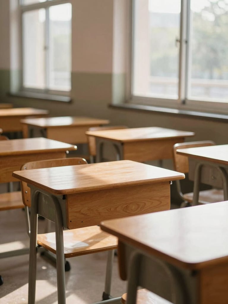 A sunlit, empty classroom with clean wooden desks, warm daylight streaming through large windows, waiting for students, high-contrast editorial photography