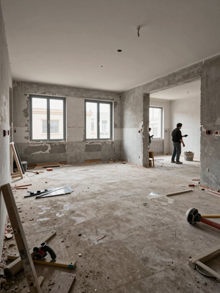 Wide interior view of a Seville apartment mid-renovation, workers visible in background removing old tiles, natural overcast daylight through bare windows, exposed concrete walls, construction dust and tools in foreground