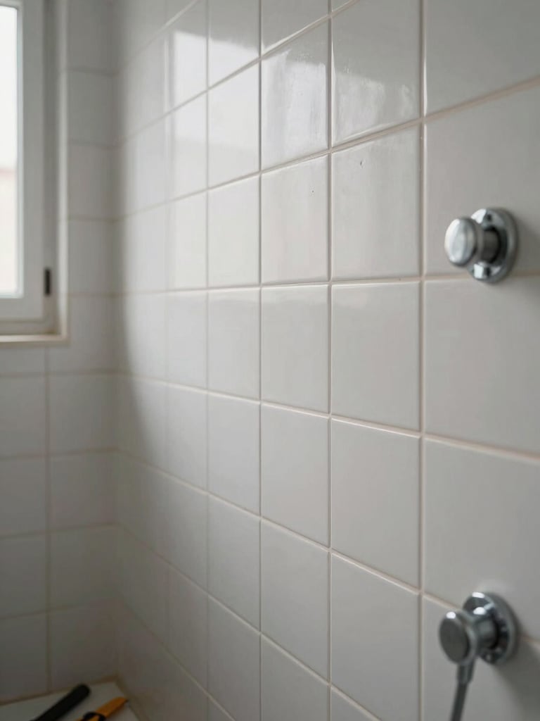 Close-up environmental shot of a freshly tiled bathroom wall in a Seville apartment — clean grout lines, matte ceramic tiles, a chrome fixture being installed at the right edge, overcast natural light from a nearby window, no people visible, tools resting on the floor in the lower corner