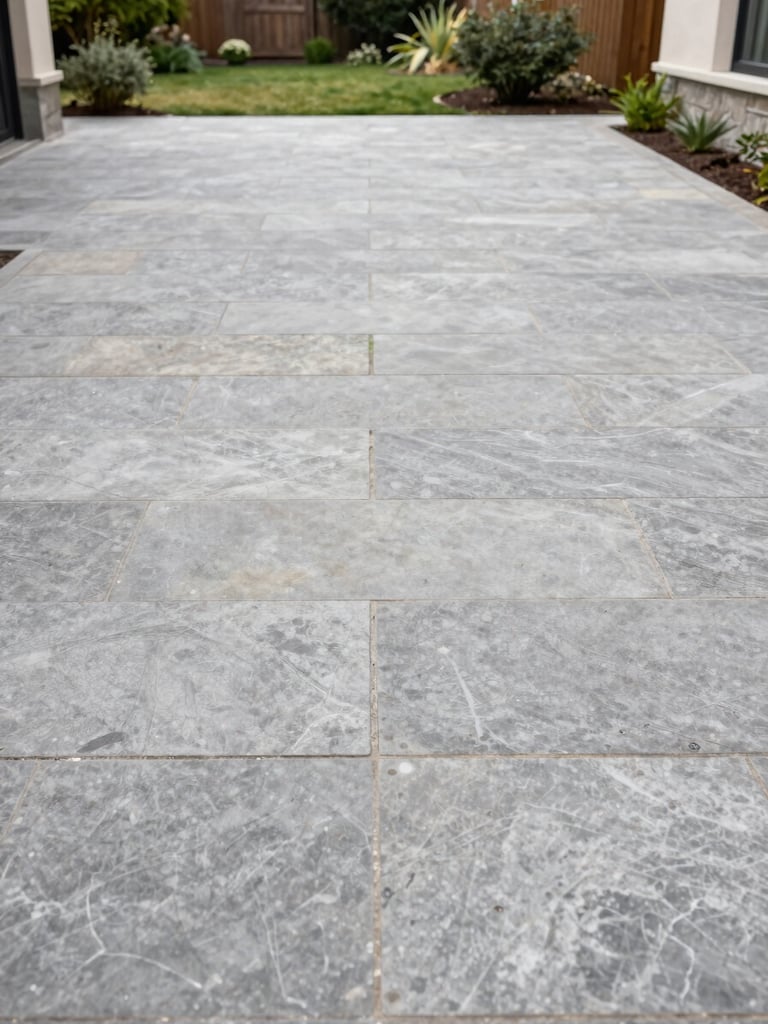 Wide environmental shot of a freshly swept stone patio at a residential property, overcast daylight revealing clean surface texture, no people, garden border neatly edged in the background, documentary framing