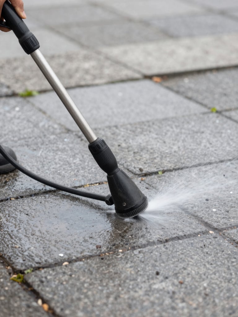 Close-up of stone paving being cleaned with a pressure washer, surface texture revealed as grime lifts away, overcast daylight, documentary framing, no people