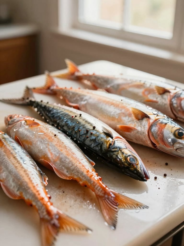 Close-up of fresh mackerel fish on a prep table with local spices, warm window light, 50mm lens