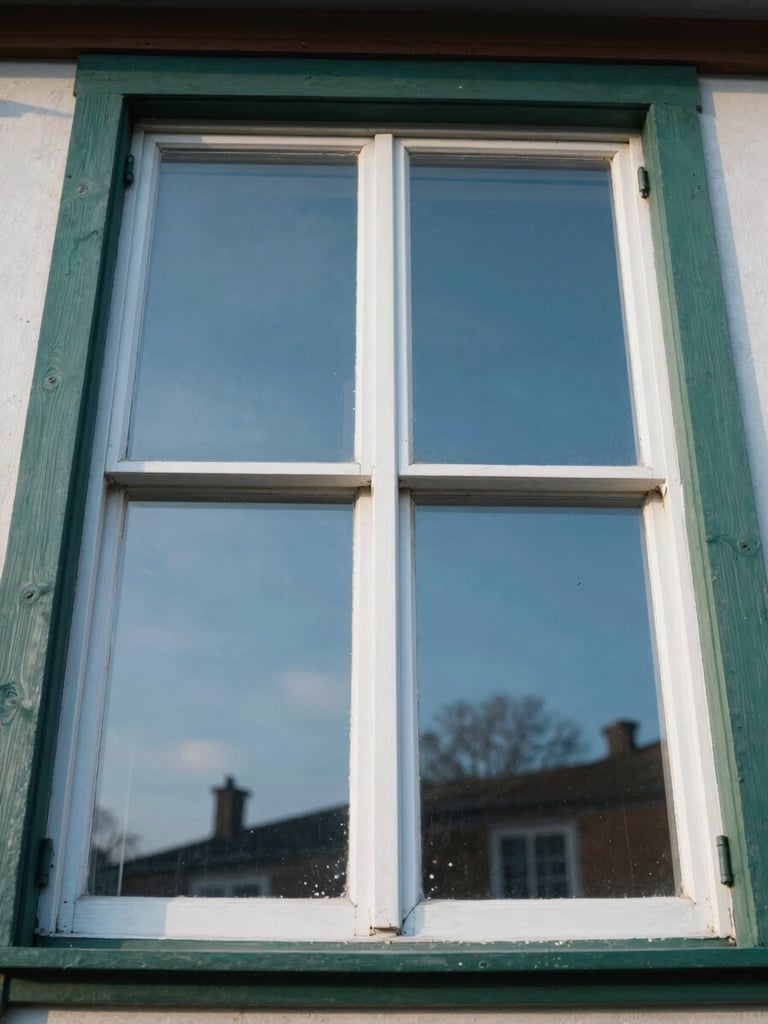 Wide shot looking up at a freshly cleaned two-story residential window facade, morning daylight streaming through streak-free glass panes, cedar-green trim visible on the frame edges, clear blue sky reflected in the glass